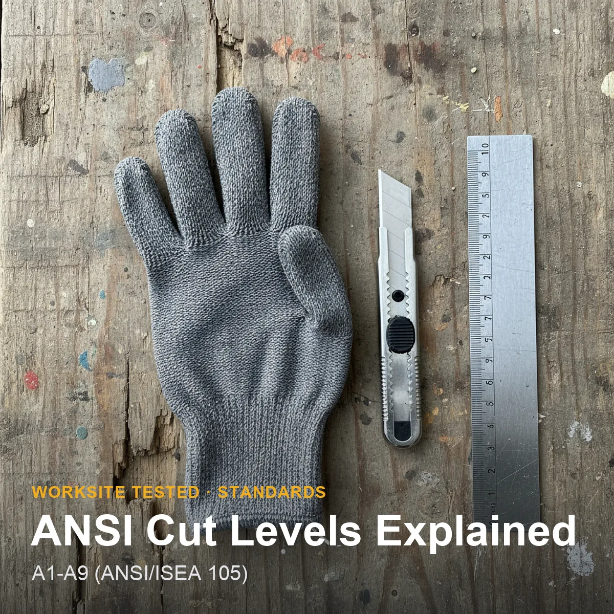 A cut-resistant glove being drawn against a straight test blade on a lab tomodynamometer, illustrating the ANSI TDM-100 cut test