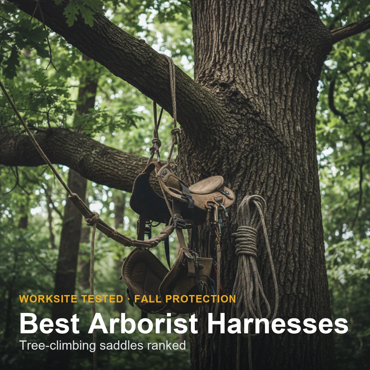 Arborist tree-climbing saddle hanging from a rope in a tree canopy, showing the suspension bridge and padded leg loops
