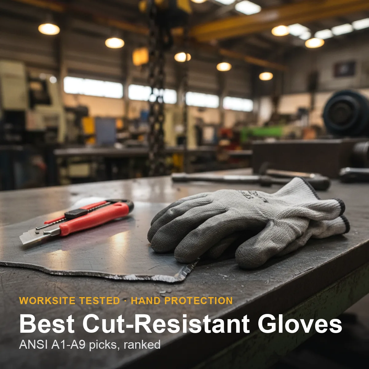 Cut-resistant work gloves laid out on a steel workbench showing coated palms and knit shells
