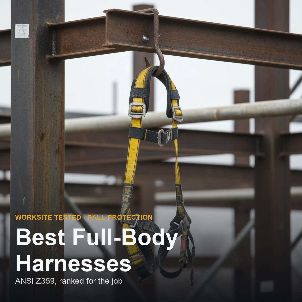 Full-body safety harnesses hung on a rack at a construction site, dorsal D-rings visible