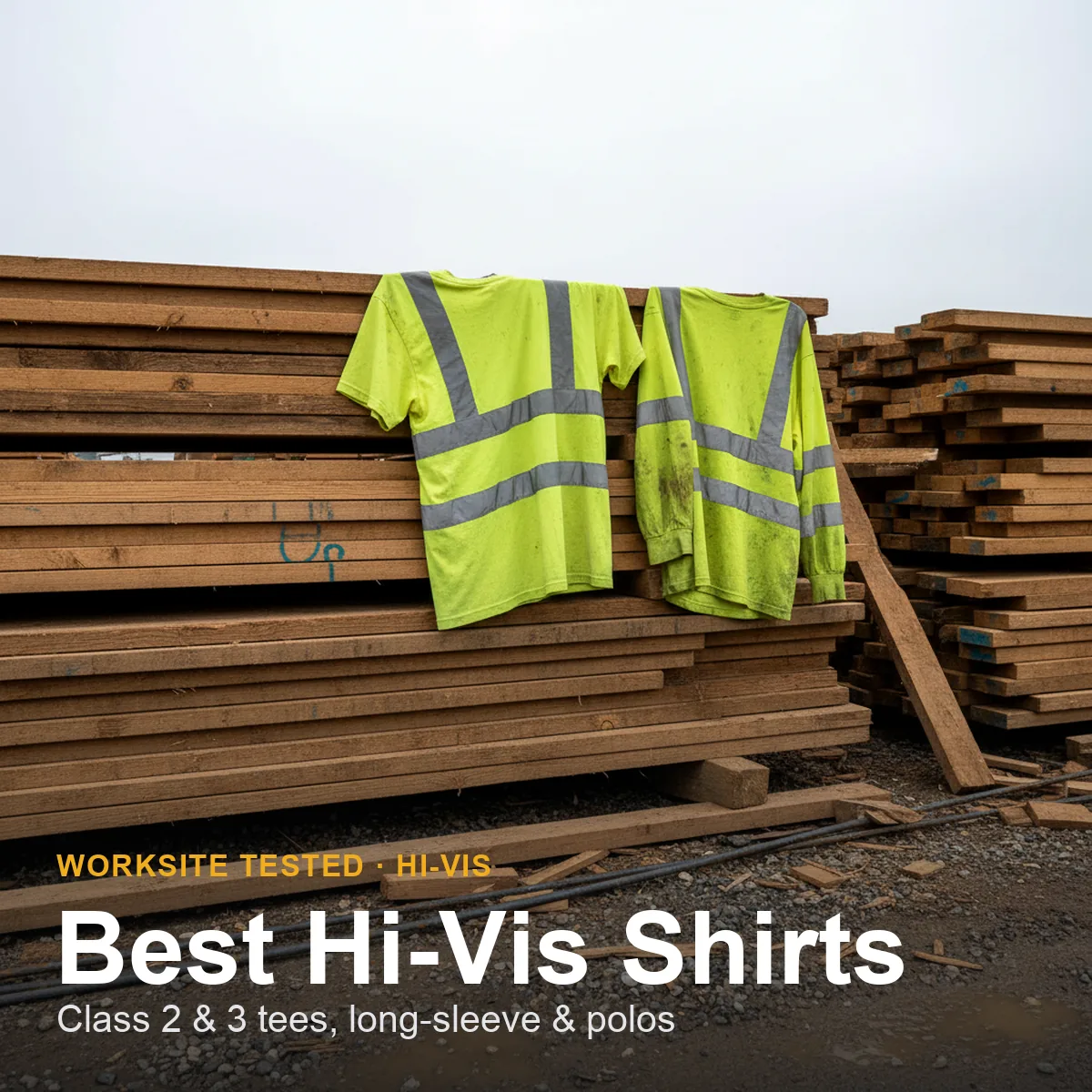 Several high-visibility work shirts in fluorescent yellow-green and orange laid out on a jobsite, showing reflective striping
