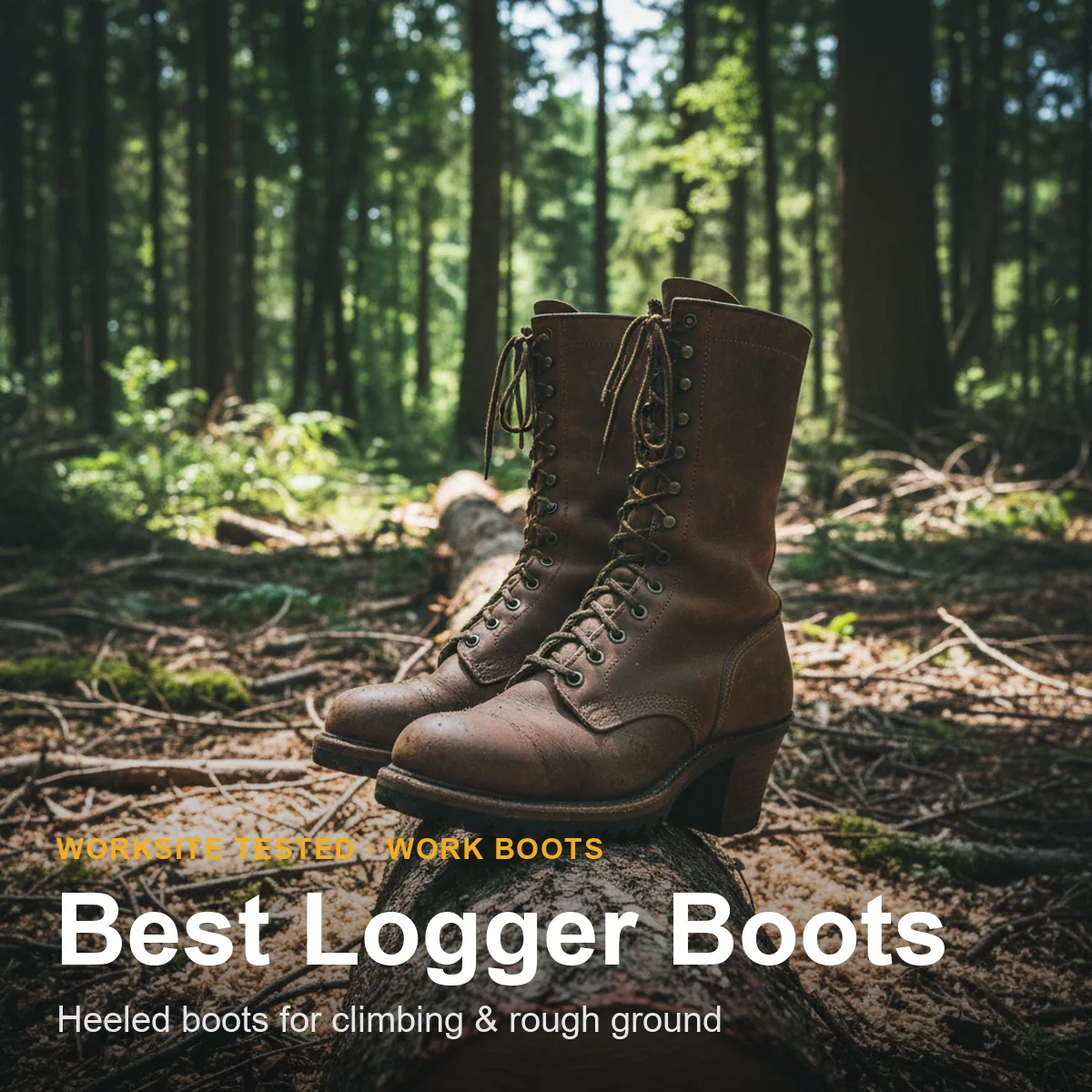 A heeled brown leather logger work boot on a rough dirt jobsite floor, showing the defined 90-degree heel and lug outsole