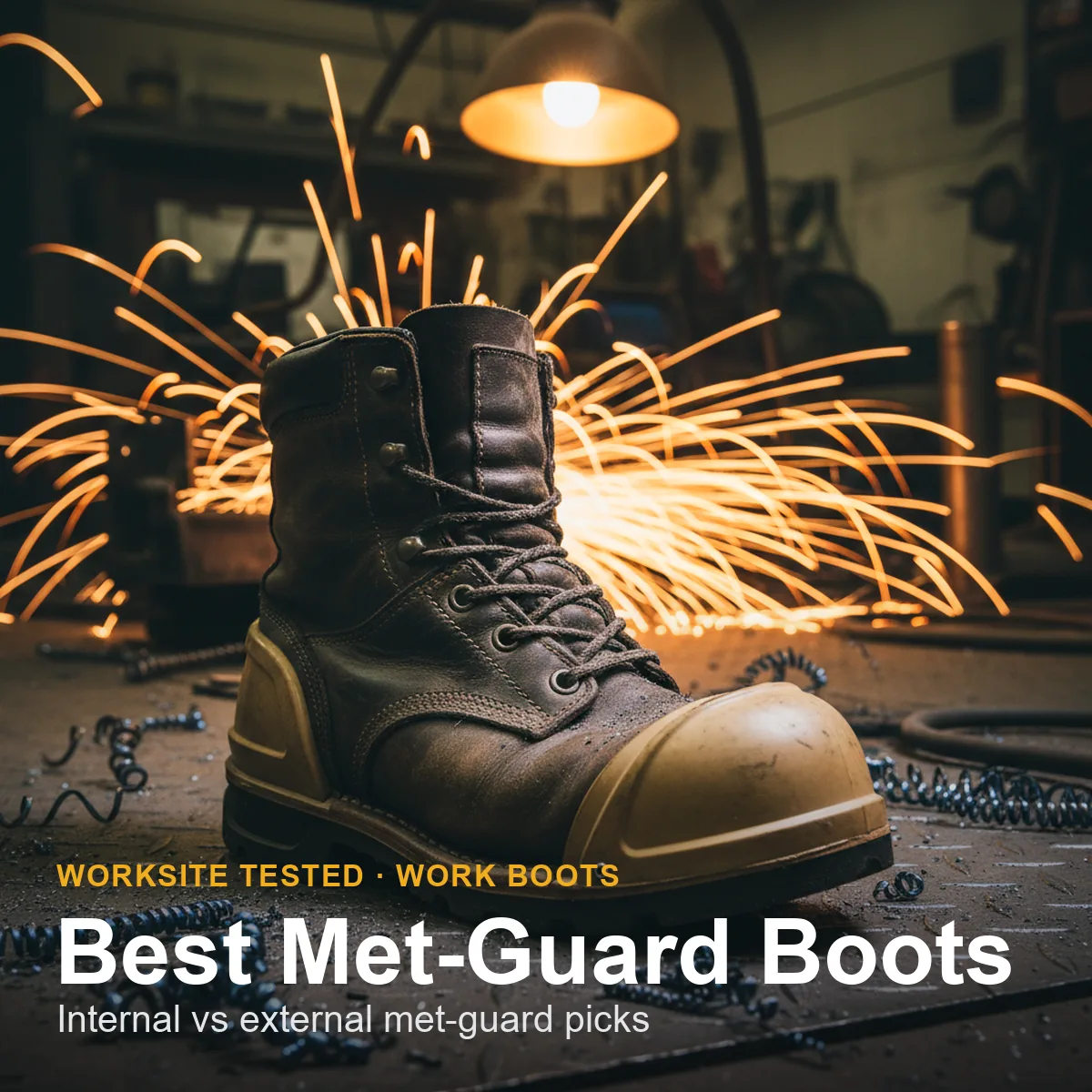 Two met-guard work boots side by side on a foundry floor, one with an external met-guard shell over the laces and one with a smooth internal-guard profile