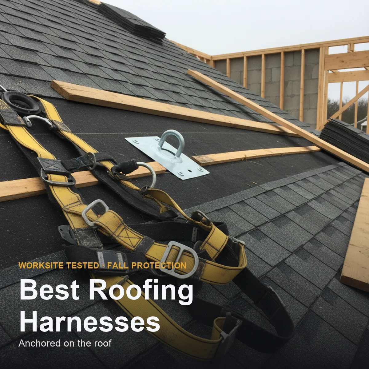 Roofing safety harnesses and fall-protection kits laid out on a roof deck showing harness, rope lifeline, anchor, and storage bucket