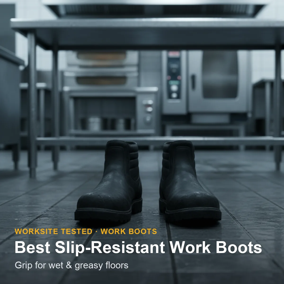 A slip-resistant work boot outsole on a wet, greasy commercial kitchen floor showing the tread pattern