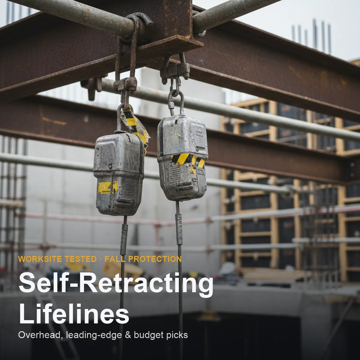 Three self-retracting lifelines hanging on anchor points at a steel structure jobsite, showing housing and cable configurations