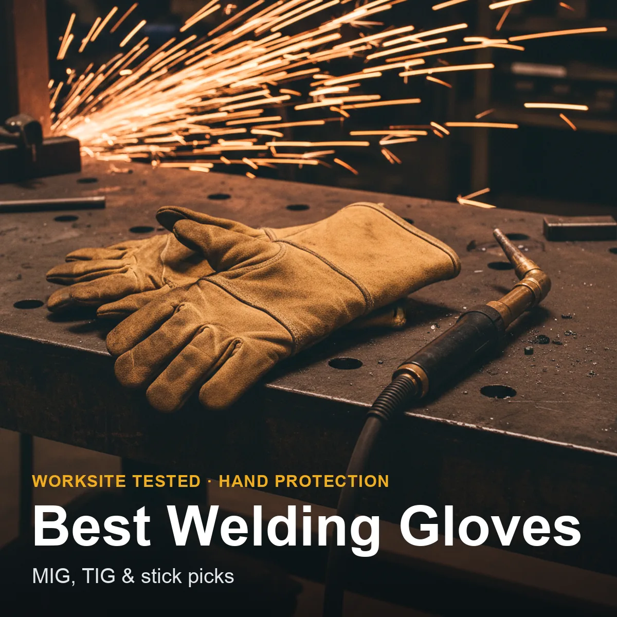 A pair of leather welding gloves resting on a steel welding table beside a MIG torch