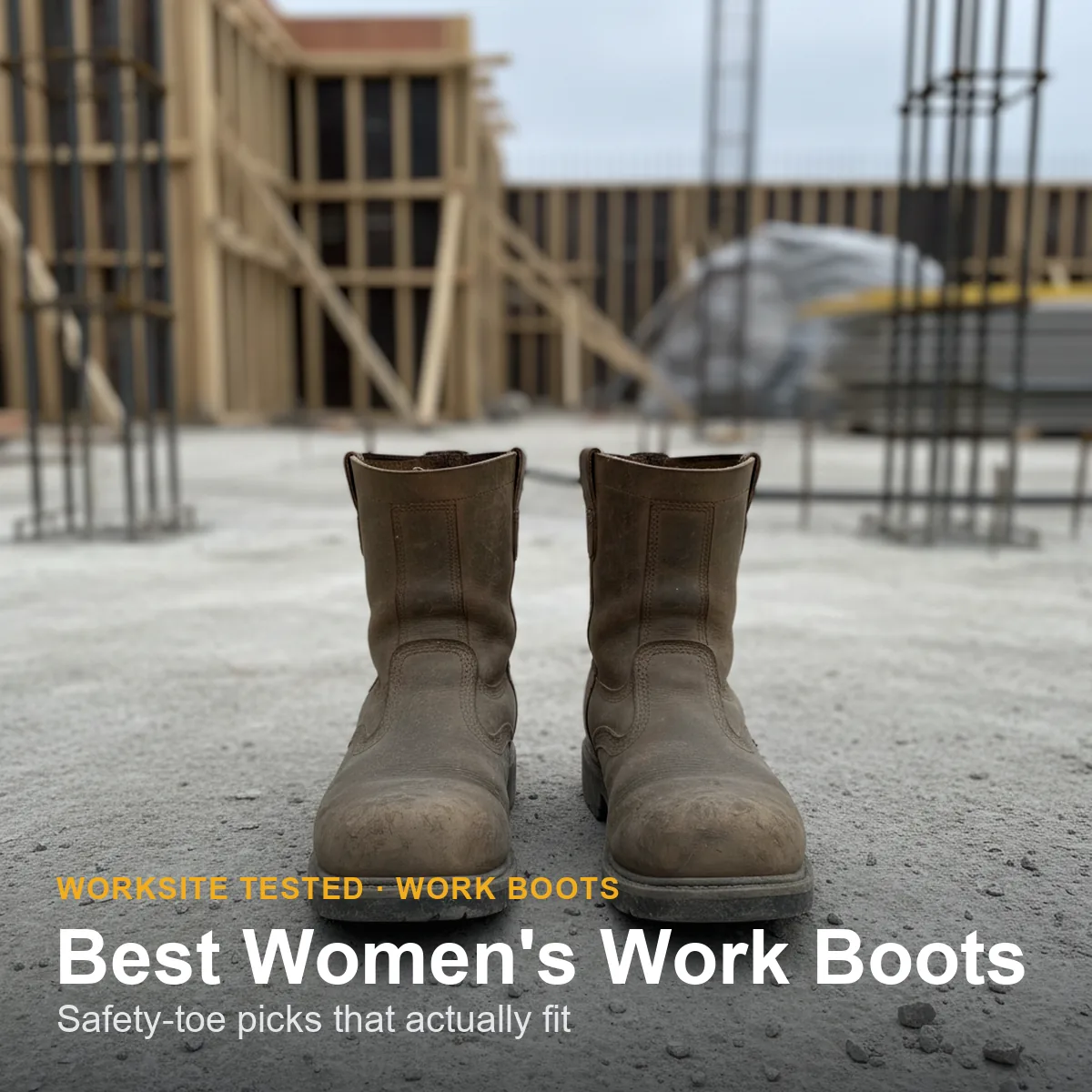 Women's safety-toe work boots lined up on a concrete jobsite floor, showing toe caps and outsoles