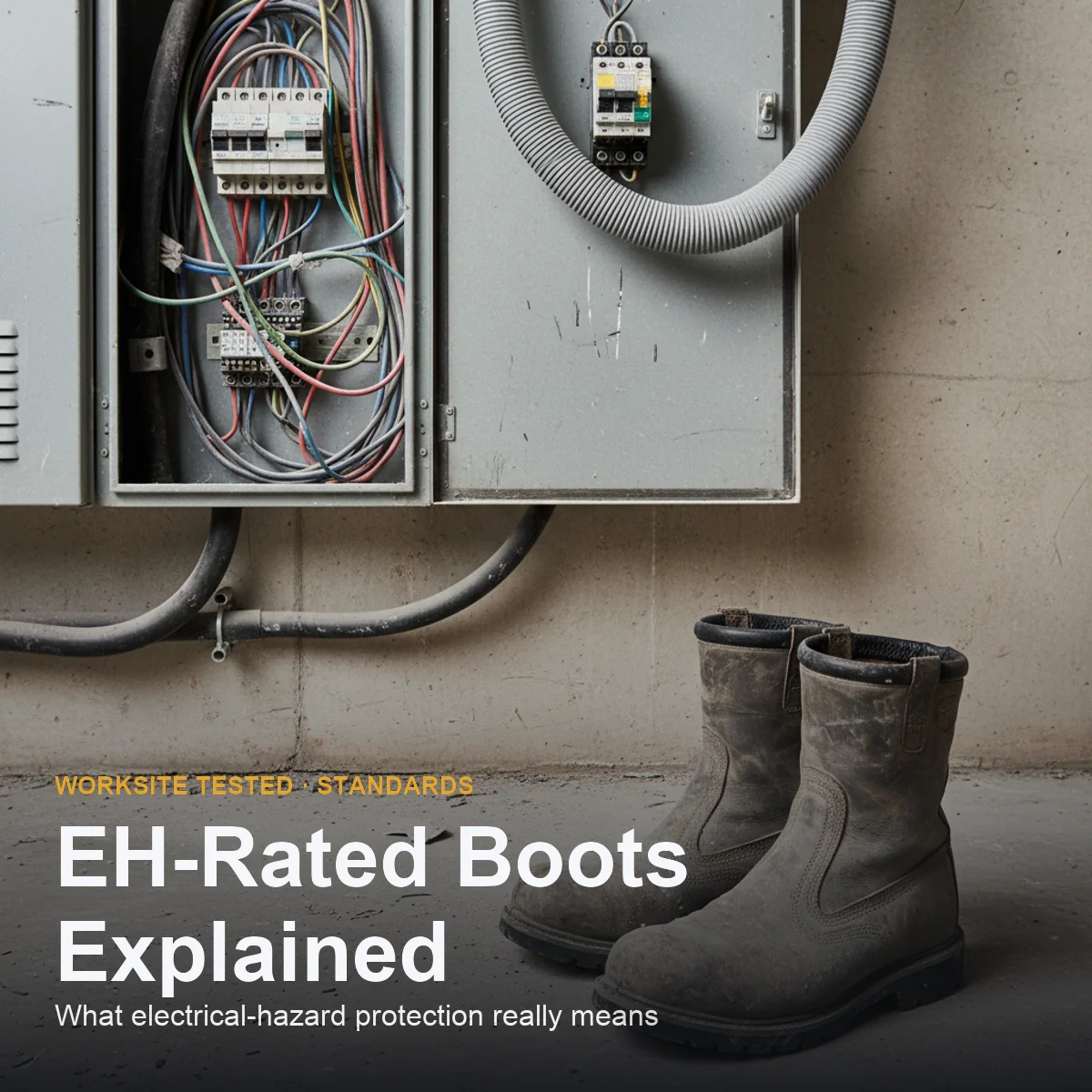 Close-up of a work boot outsole and heel on a concrete floor next to an electrical panel, illustrating electrical hazard footwear