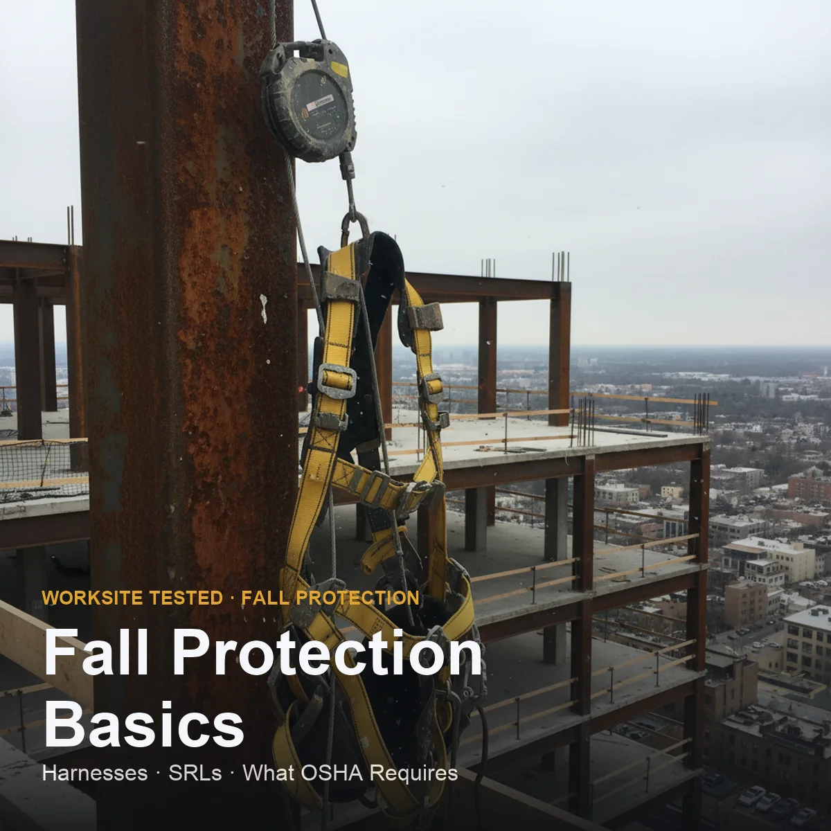 Full-body safety harness anchored to a steel beam on a construction site at height
