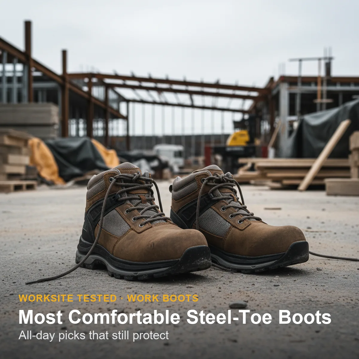 A cushioned steel-toe work boot on a concrete floor showing its padded collar and comfort footbed