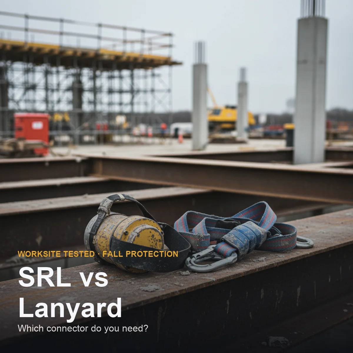 A self-retracting lifeline and a shock-absorbing lanyard laid side by side on a steel deck at a construction site