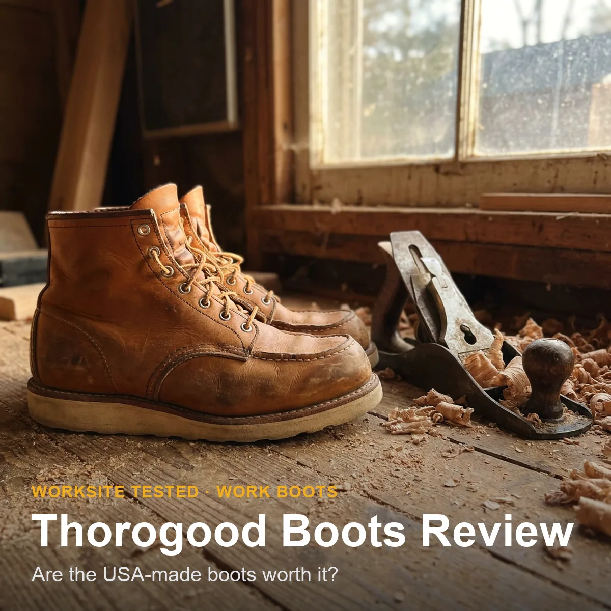 A tobacco moc toe Thorogood work boot on a concrete jobsite floor showing the wedge outsole and welt stitching