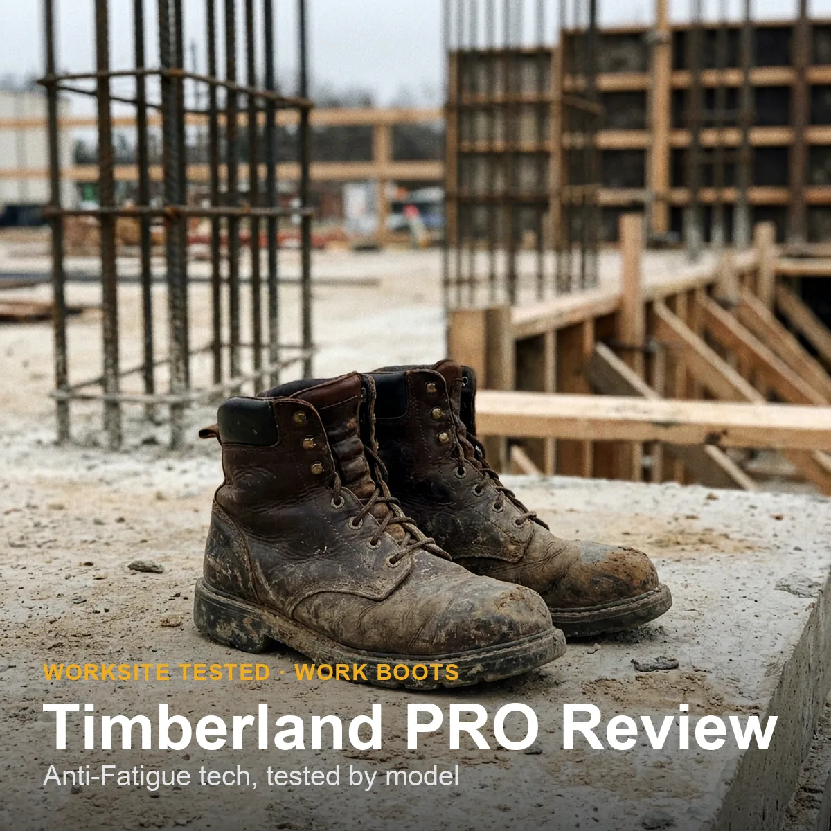 A brown leather Timberland PRO work boot on a concrete jobsite floor, showing the toe cap and lug outsole