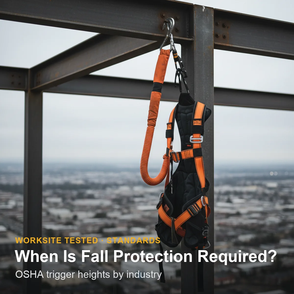 A worker in a full-body harness tied off near the unprotected edge of an elevated concrete deck on a construction site